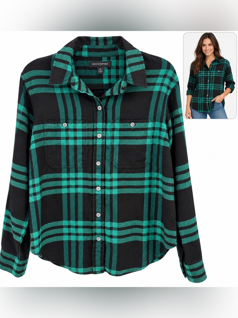 Banana Republic Green M Black Plaid Button-Front Shirt preppy fall cute style